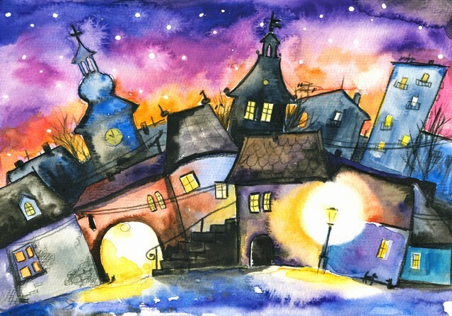 Beautiful night scene of small town - watercolor